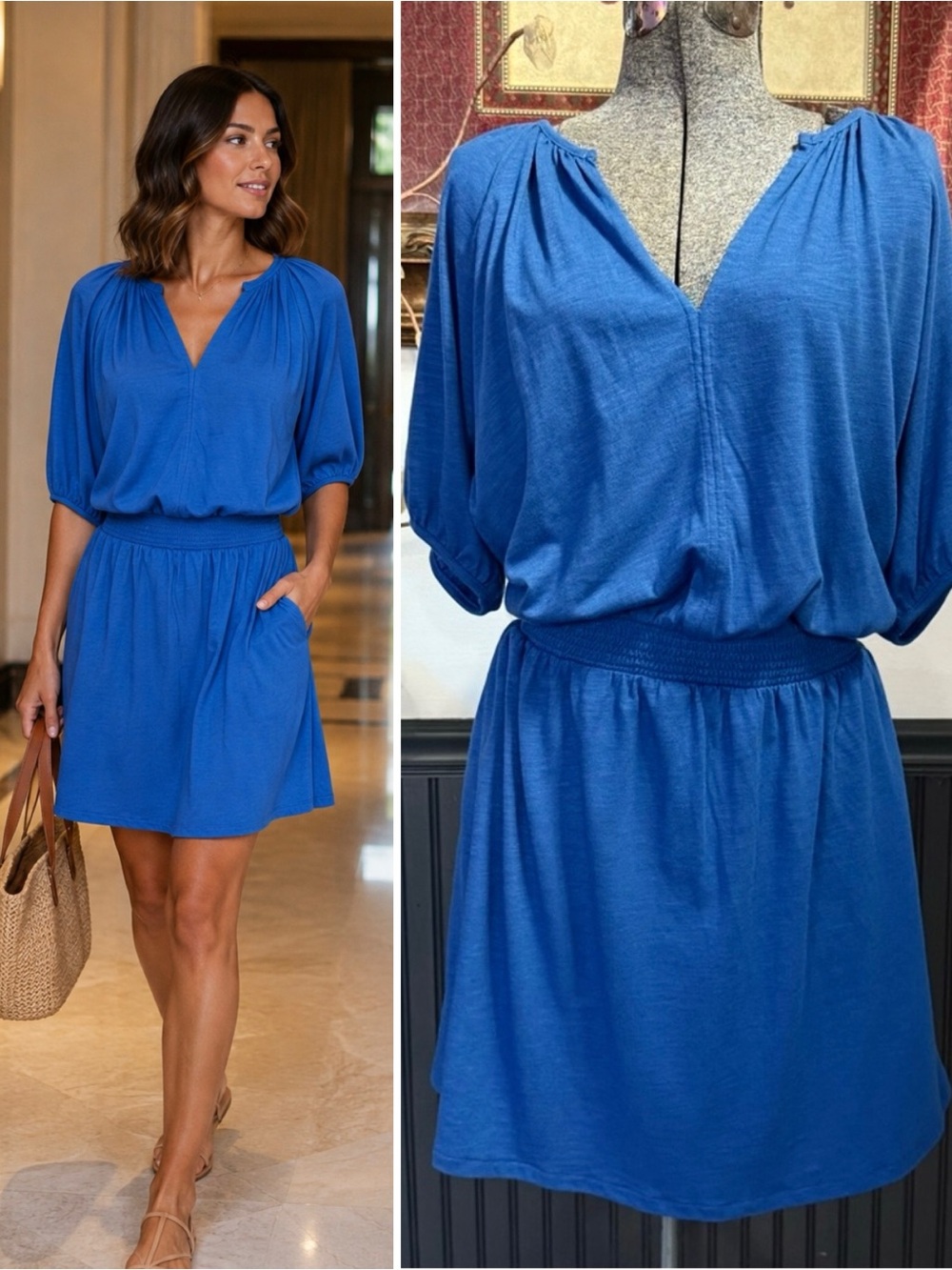 NWT Lilla P Cobalt Blue Split Neck Smocked Waist Pocket Dress Pockets Sz L 💛🍄